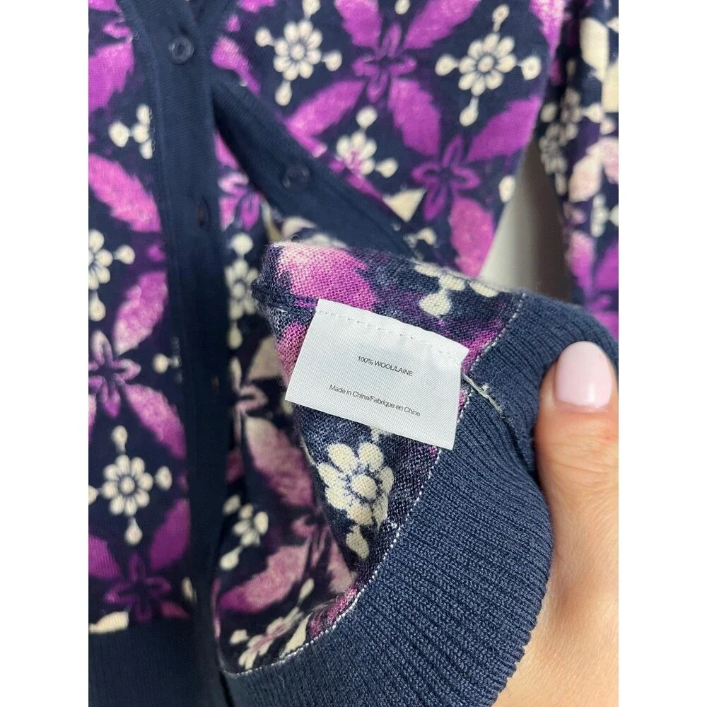 Tory Burch Cardigan Sweater Womens‎ Small Blue Floral Wool Button Front Knit